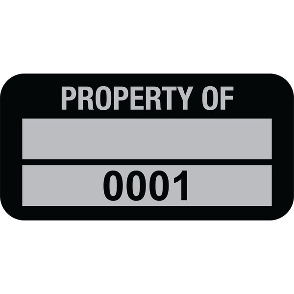 Lustre-Cal Property ID Label PROPERTY OF 5 Alum Blk 1.50in x 0.75in 1 Blank Pad&Serialized 0001-0100, 100PK 253769Ma2K0001 - main